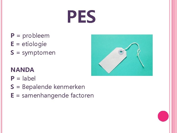 PES P = probleem E = etiologie S = symptomen NANDA P = label