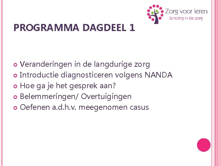 PROGRAMMA DAGDEEL 1 Veranderingen in de langdurige zorg Introductie diagnosticeren volgens NANDA Hoe ga