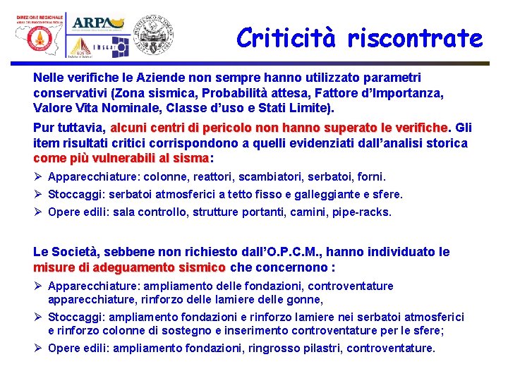 Criticità riscontrate Nelle verifiche le Aziende non sempre hanno utilizzato parametri conservativi (Zona sismica,