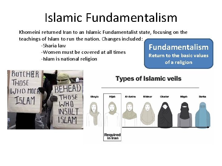 Islamic Fundamentalism Khomeini returned Iran to an Islamic Fundamentalist state, focusing on the teachings