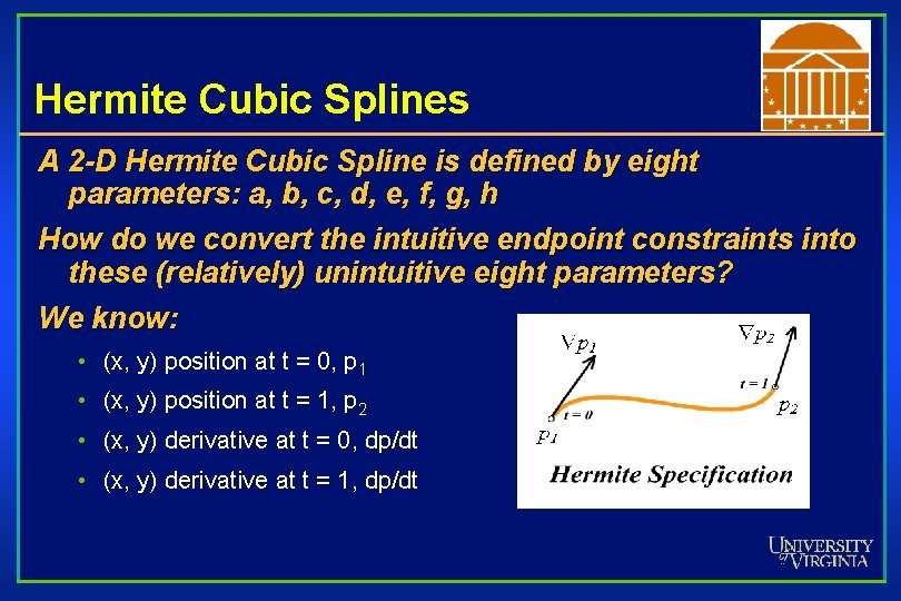 Hermite Cubic Splines A 2 -D Hermite Cubic Spline is defined by eight parameters: