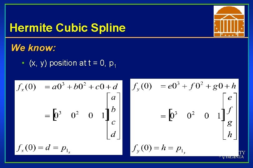 Hermite Cubic Spline We know: • (x, y) position at t = 0, p