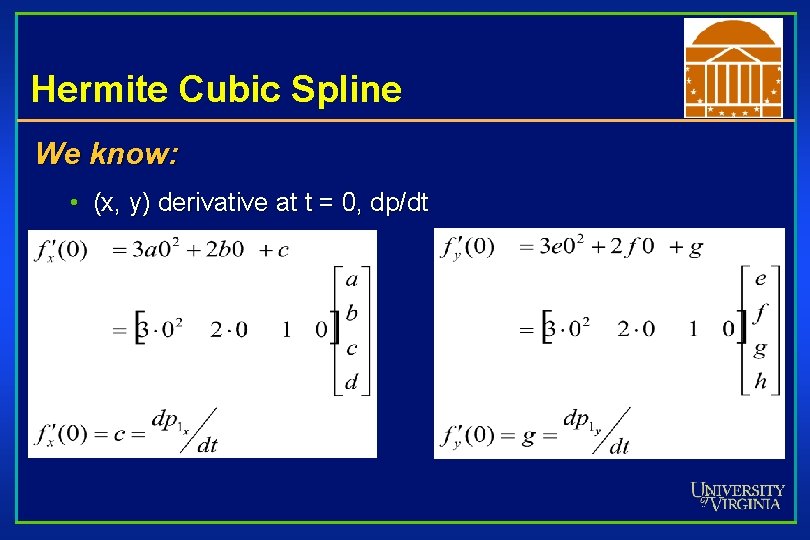 Hermite Cubic Spline We know: • (x, y) derivative at t = 0, dp/dt