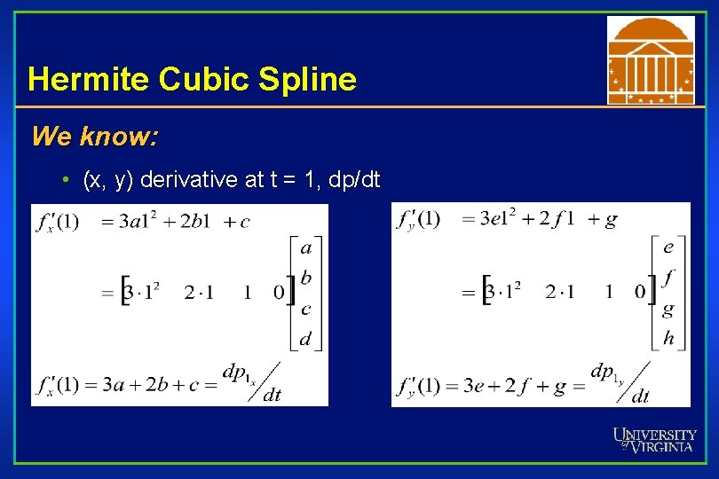 Hermite Cubic Spline We know: • (x, y) derivative at t = 1, dp/dt