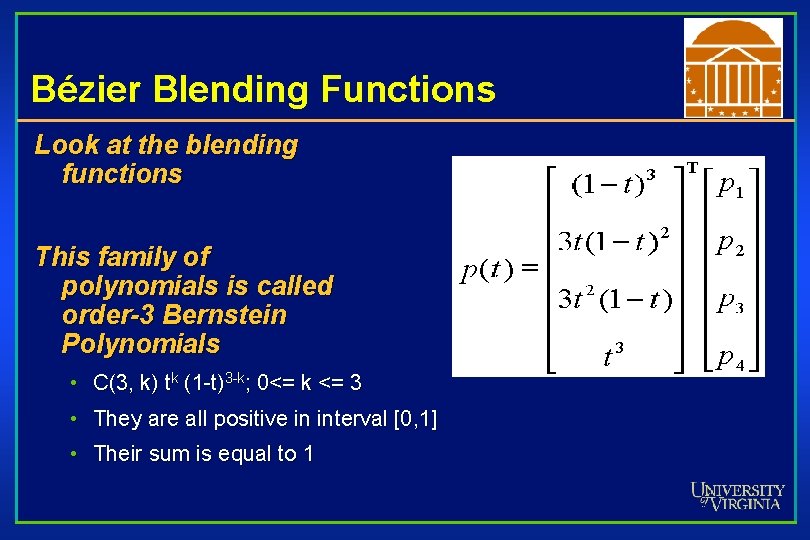 Bézier Blending Functions Look at the blending functions This family of polynomials is called