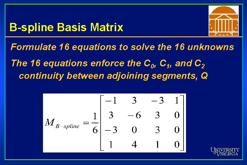 B-spline Basis Matrix Formulate 16 equations to solve the 16 unknowns The 16 equations