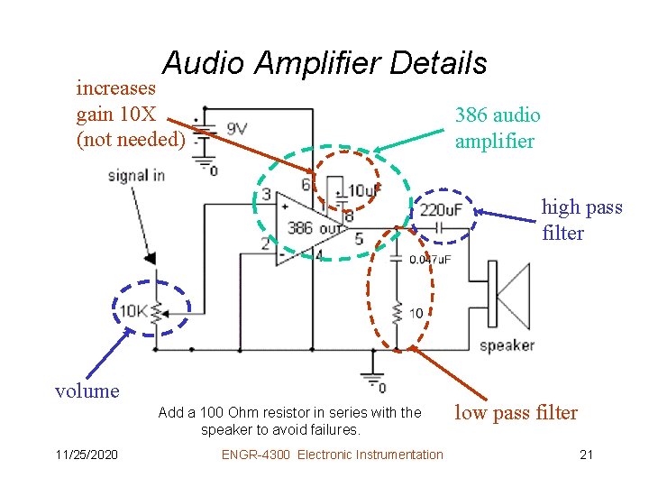 Audio Amplifier Details increases gain 10 X (not needed) 386 audio amplifier high pass