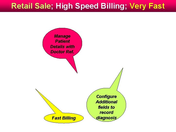 Retail Sale; High Speed Billing; Very Fast Manage Patient Details with Doctor Ref. Fast