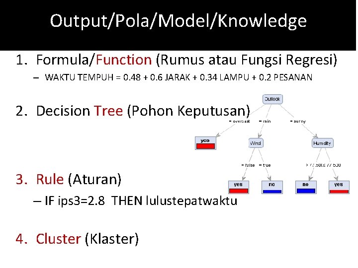 Output/Pola/Model/Knowledge 1. Formula/Function (Rumus atau Fungsi Regresi) – WAKTU TEMPUH = 0. 48 +