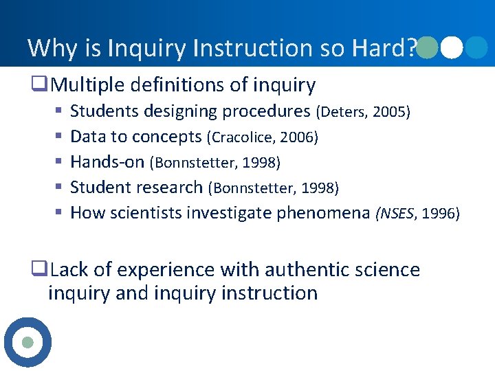 Why is Inquiry Instruction so Hard? q. Multiple definitions of inquiry § § §