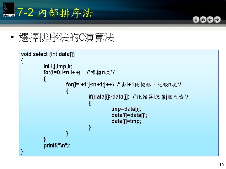 7 -2 內部排序法 • 選擇排序法的C演算法 void select (int data[]) { int i, j, tmp,