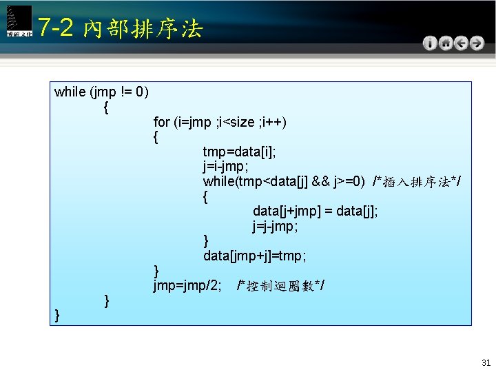 7 -2 內部排序法 while (jmp != 0) { } } for (i=jmp ; i<size