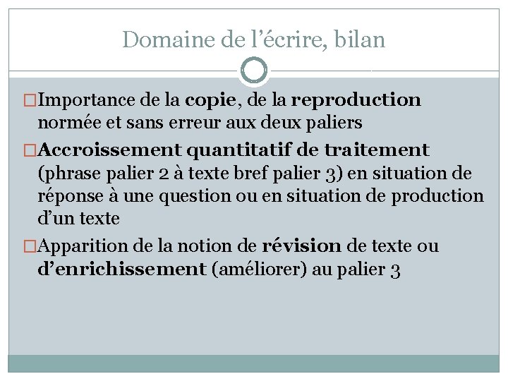 Domaine de l’écrire, bilan �Importance de la copie, de la reproduction normée et sans