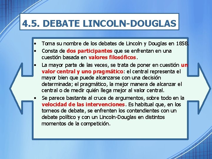 4. 5. DEBATE LINCOLN-DOUGLAS • • Toma su nombre de los debates de Lincoln