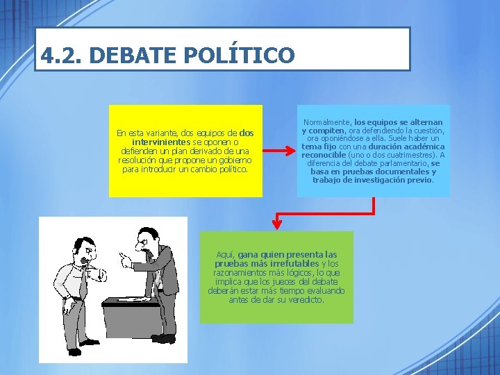 4. 2. DEBATE POLÍTICO En esta variante, dos equipos de dos intervinientes se oponen