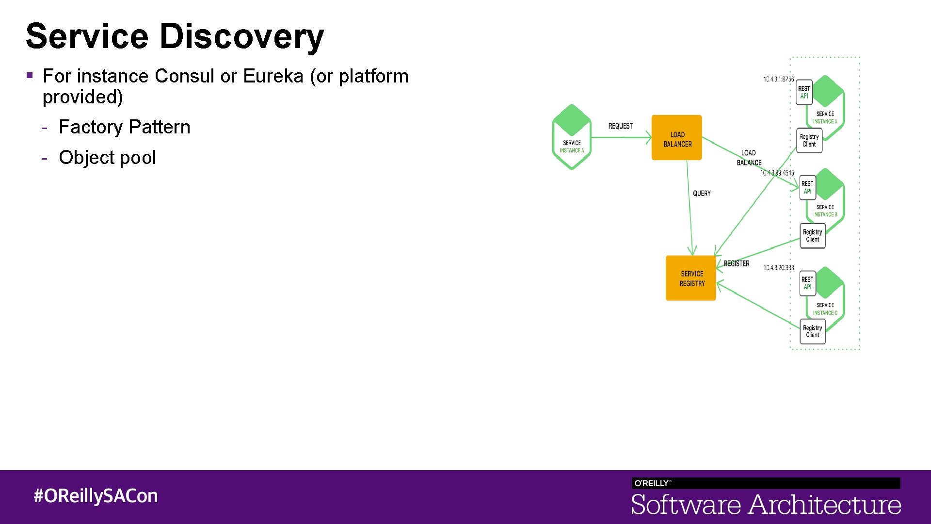Service Discovery For instance Consul or Eureka (or platform provided) - Factory Pattern -