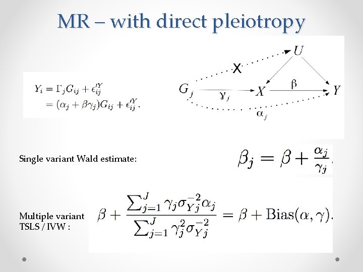 MR – with direct pleiotropy . Single variant Wald estimate: Multiple variant TSLS /