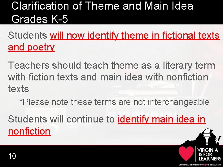 Clarification of Theme and Main Idea Grades K-5 Students will now identify theme in