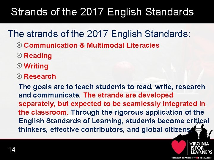 Strands of the 2017 English Standards The strands of the 2017 English Standards: Communication