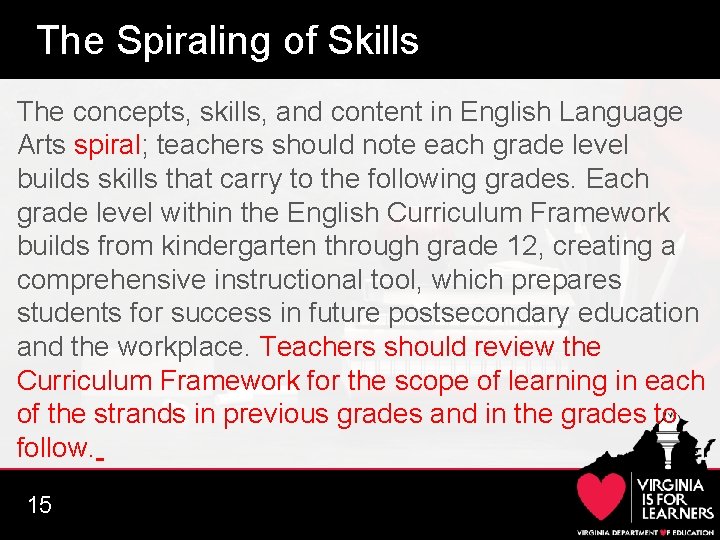 The Spiraling of Skills The concepts, skills, and content in English Language Arts spiral;