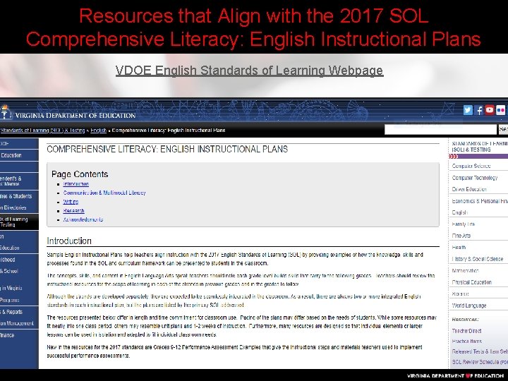 Resources that Align with the 2017 SOL Comprehensive Literacy: English Instructional Plans VDOE English