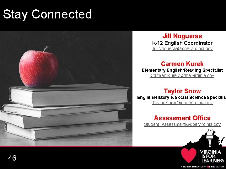 Stay Connected Jill Nogueras K-12 English Coordinator Jill. Nogueras@doe. virginia. gov Carmen Kurek Elementary