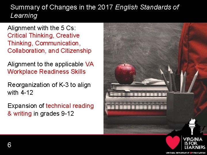 Summary of Changes in the 2017 English Standards of Learning Alignment with the 5