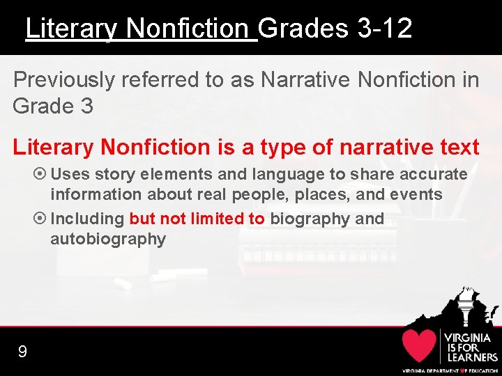 Literary Nonfiction Grades 3 -12 Previously referred to as Narrative Nonfiction in Grade 3