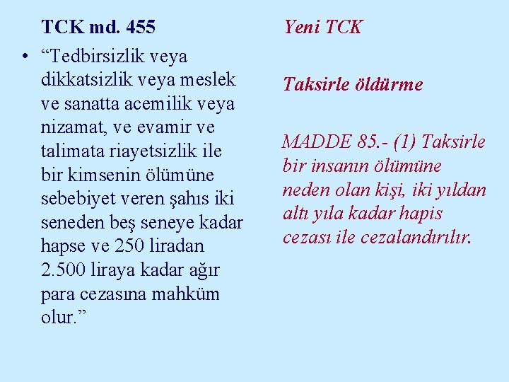 TCK md. 455 Yeni TCK • “Tedbirsizlik veya dikkatsizlik veya meslek Taksirle öldürme ve