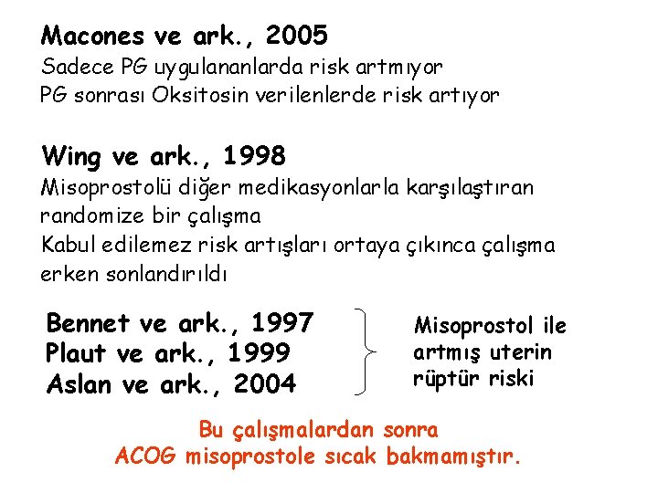 Macones ve ark. , 2005 Sadece PG uygulananlarda risk artmıyor PG sonrası Oksitosin verilenlerde