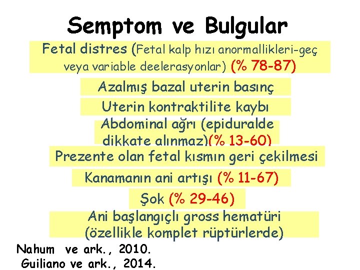 Semptom ve Bulgular Fetal distres (Fetal kalp hızı anormallikleri-geç veya variable deelerasyonlar) (% 78