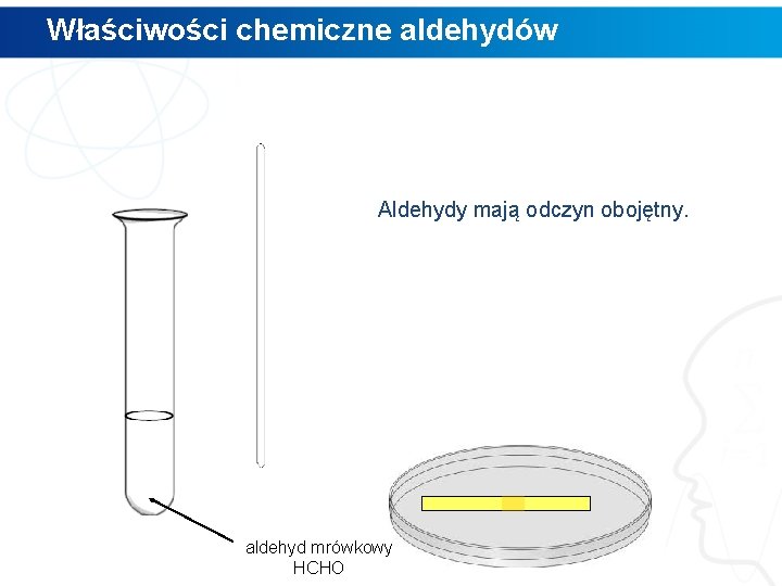 Właściwości chemiczne aldehydów Aldehydy mają odczyn obojętny. aldehyd mrówkowy HCHO 