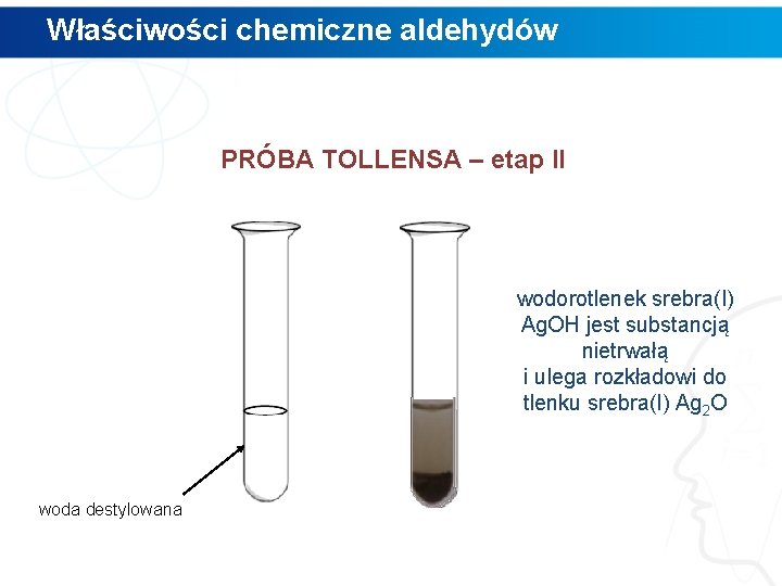 Właściwości chemiczne aldehydów PRÓBA TOLLENSA – etap II wodorotlenek srebra(I) Ag. OH jest substancją