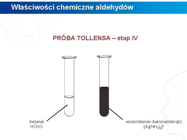 Właściwości chemiczne aldehydów PRÓBA TOLLENSA – etap IV metanal HCHO wodorotlenek diaminasrebra(I) [Ag(NH 3)2]+