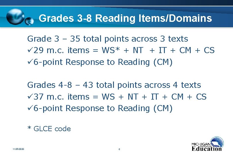 Grades 3 -8 Reading Items/Domains Grade 3 – 35 total points across 3 texts