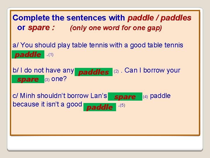 Complete the sentences with paddle / paddles or spare : (only one word for