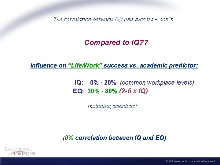 The correlation between EQ and success - con’t. Compared to IQ? ? Influence on