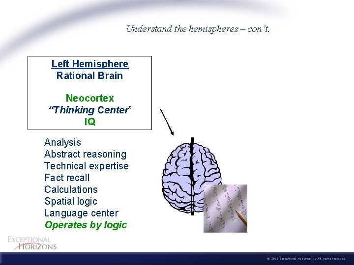 Understand the hemispheres – con’t. Left Hemisphere Rational Brain Neocortex “Thinking Center” IQ Analysis