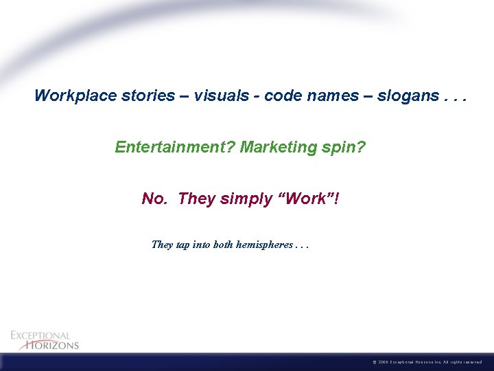  Workplace stories – visuals - code names – slogans. . . Entertainment? Marketing