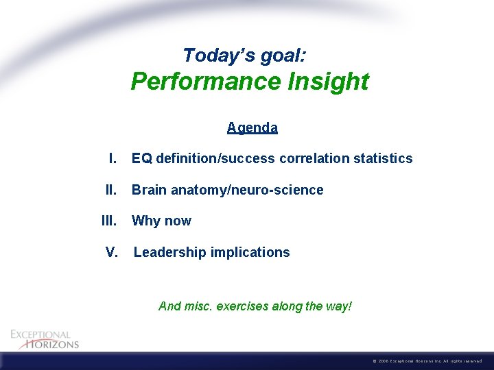  Today’s goal: Performance Insight Agenda I. EQ definition/success correlation statistics II. Brain anatomy/neuro-science