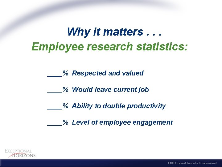  Why it matters. . . Employee research statistics: ____% Respected and valued ____%