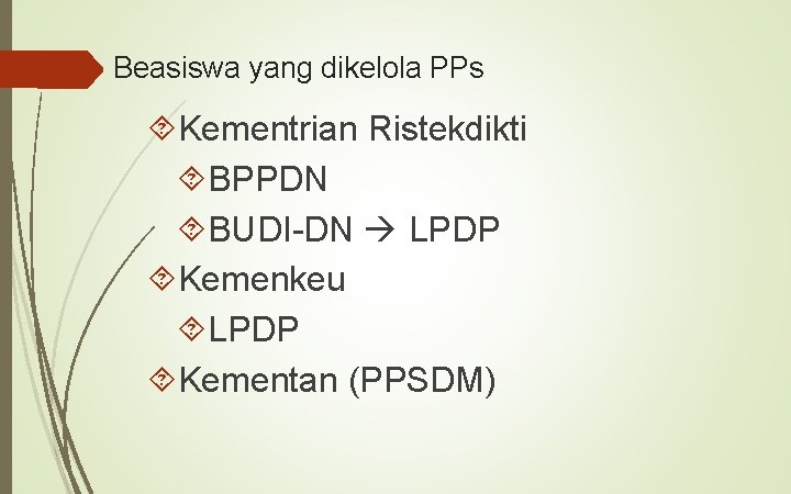 Beasiswa yang dikelola PPs Kementrian Ristekdikti BPPDN BUDI-DN LPDP Kemenkeu LPDP Kementan (PPSDM) 