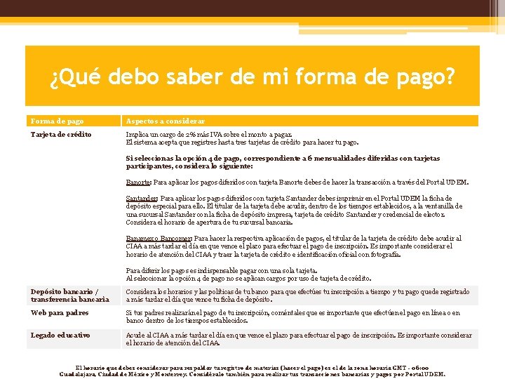 ¿Qué debo saber de mi forma de pago? Forma de pago Aspectos a considerar