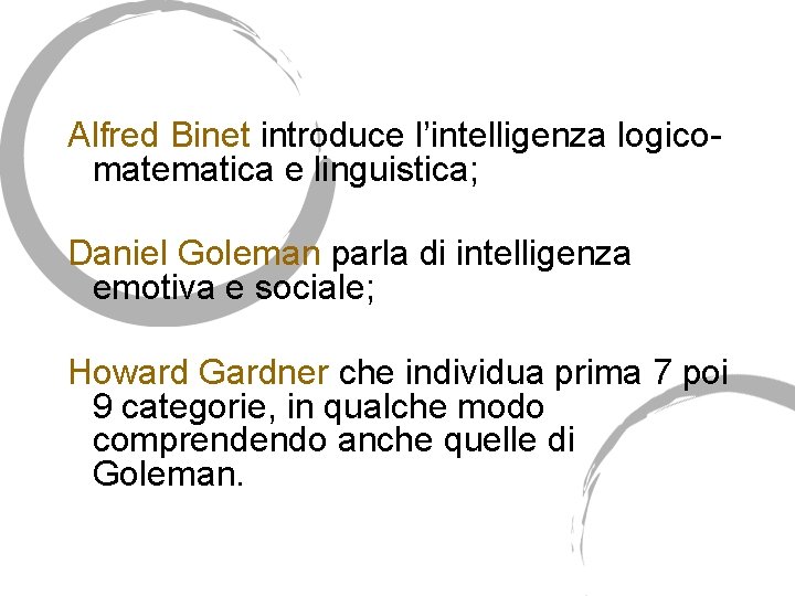 Alfred Binet introduce l’intelligenza logicomatematica e linguistica; Daniel Goleman parla di intelligenza emotiva e Alfred Binet introduce l’intelligenza logicomatematica e linguistica; Daniel Goleman parla di intelligenza emotiva e