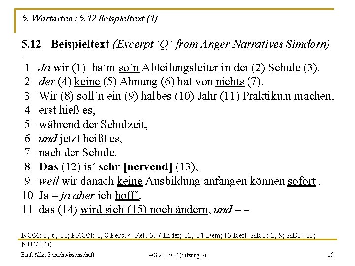 5. Wortarten : 5. 12 Beispieltext (1) 5. 12 Beispieltext (Excerpt ´Q´ from Anger