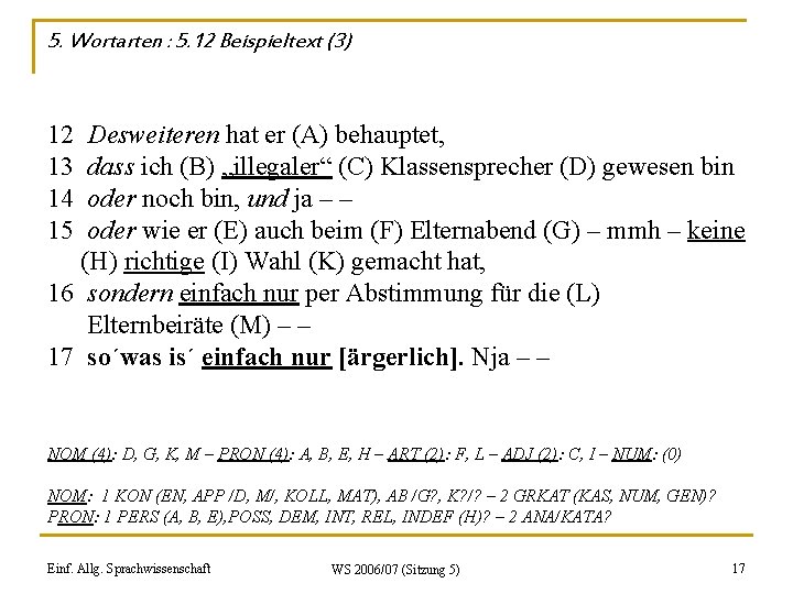 5. Wortarten : 5. 12 Beispieltext (3) 12 13 14 15 Desweiteren hat er