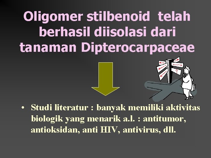 Oligomer stilbenoid telah berhasil diisolasi dari tanaman Dipterocarpaceae • Studi literatur : banyak memiliki