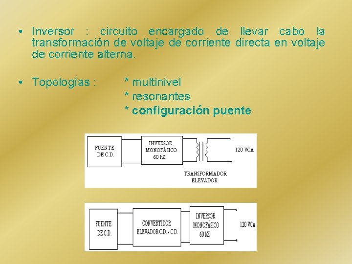  • Inversor : circuito encargado de llevar cabo la transformación de voltaje de