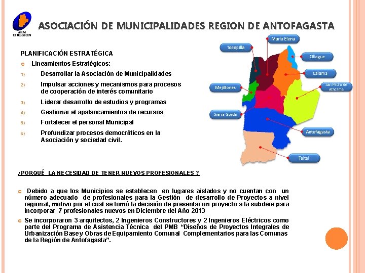 ASOCIACIÓN DE MUNICIPALIDADES REGION DE ANTOFAGASTA PLANIFICACIÓN ESTRATÉGICA Lineamientos Estratégicos: 1) Desarrollar la Asociación