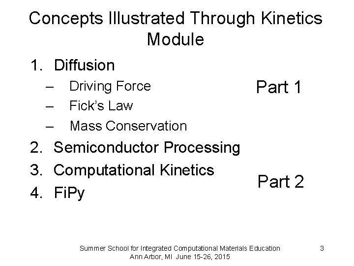 Concepts Illustrated Through Kinetics Module 1. Diffusion – – – Driving Force Fick’s Law